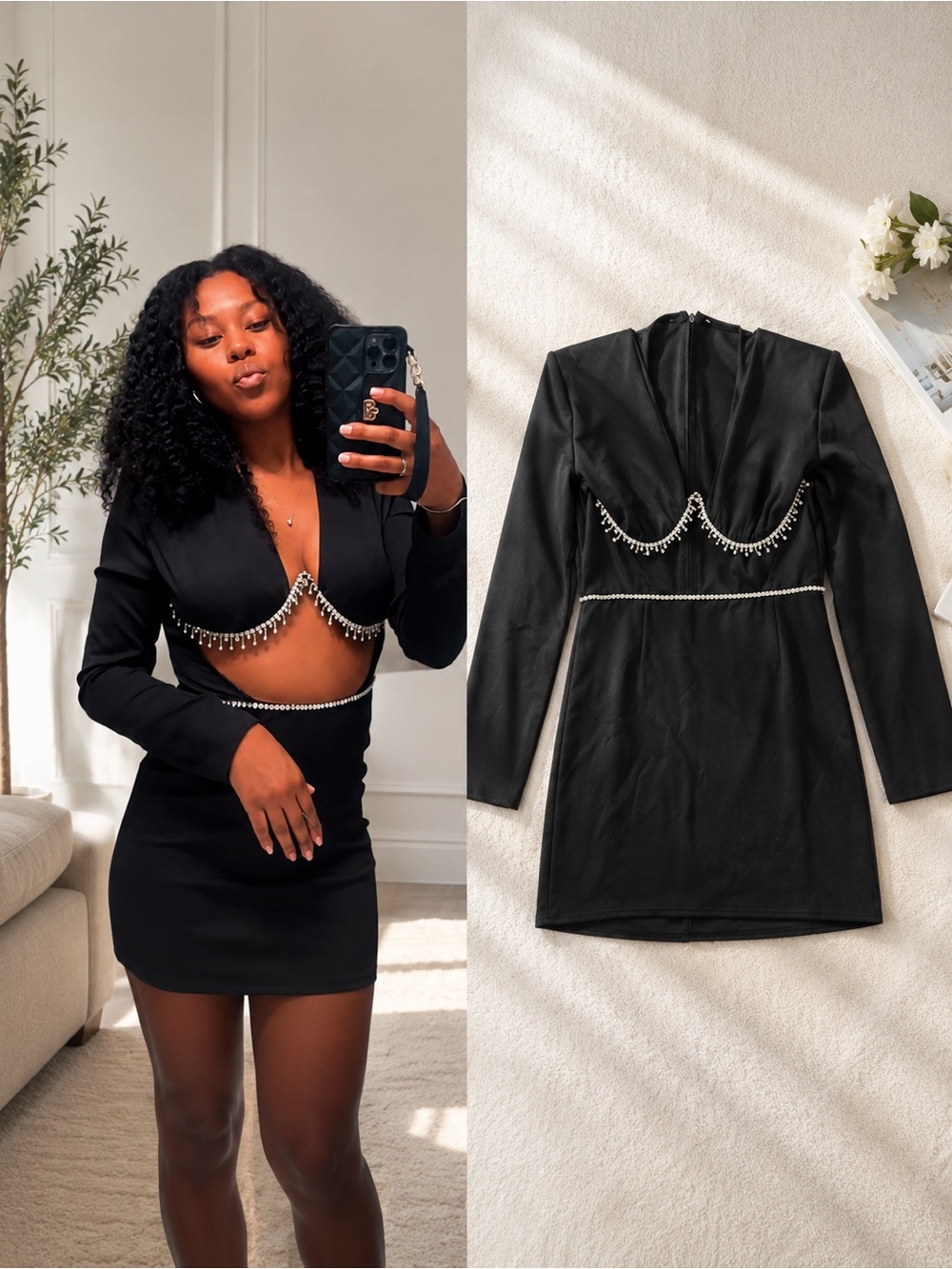 Black Embellished Cutout Mini Dress